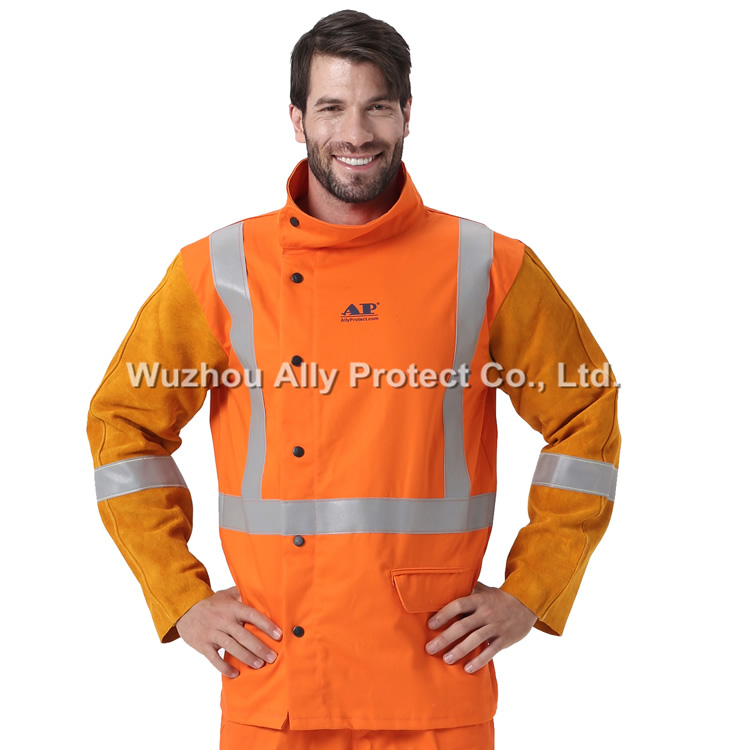 AP-2730 Orange FR & Golden Leather W/HI-VIS Reflective Tape Jacket